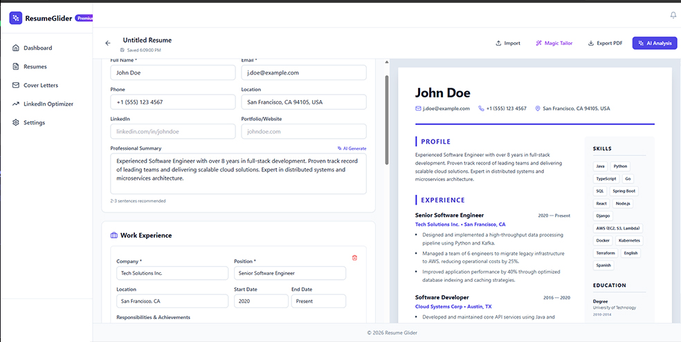 ResumeGlider Editor Interface